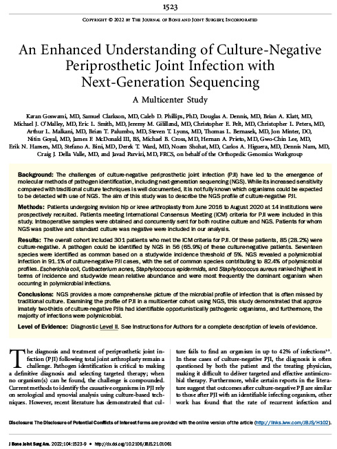An Enhanced Understanding of Culture-Negative Periprosthetic Joint Infection with Next-Generation Sequencing A Multicenter Study